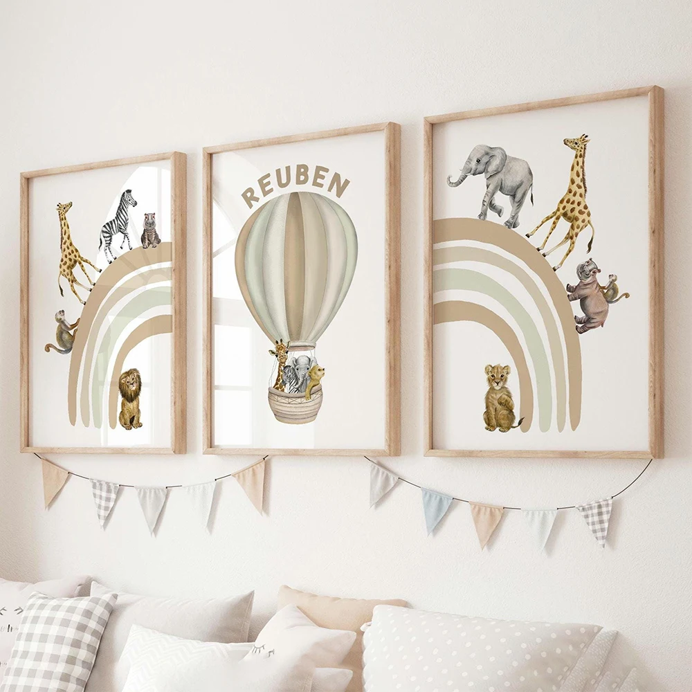 frameless Canvas Painting Personalised Name Safari Animal Nursery Prints Beige Pink Rainbow Hot Air Balloon Decor Set Of 3 Boy