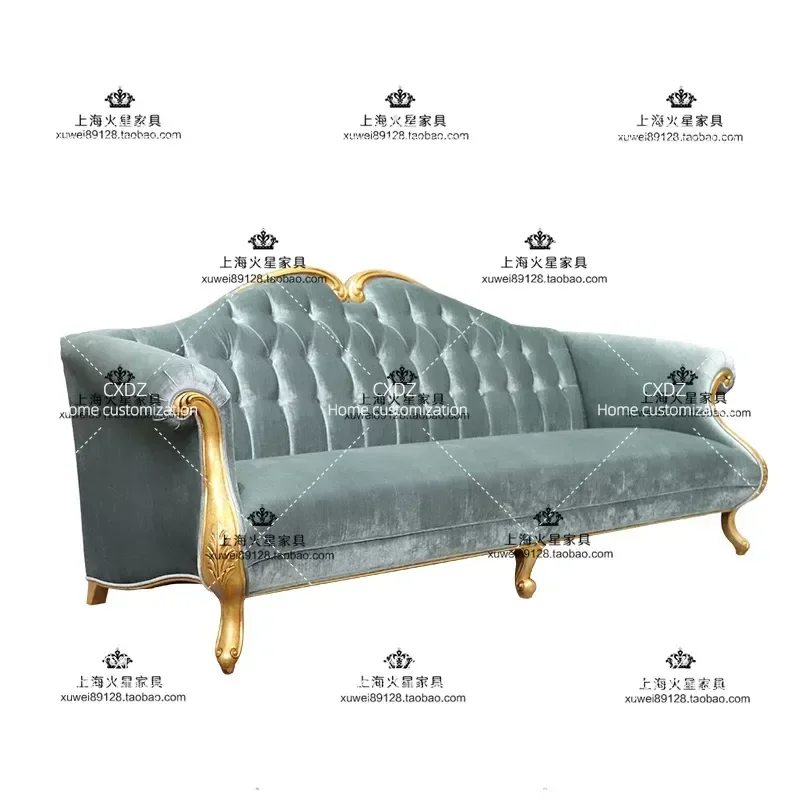 Light Luxury Solid Wood Velvet Living Room Sofa Combination Retro Fabric Villa Model Room Three Person Sofa