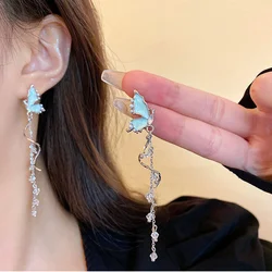 Romantic Long Butterfly Tassel Earrings for Women Delicate White Butterfly Crystal Dangle Earrings Wedding Party Jewelry Gift