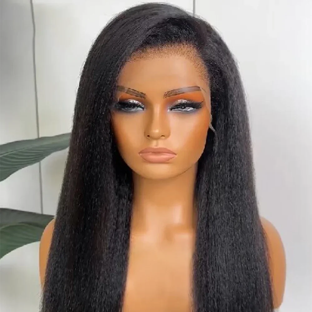 

180 Плотность Мягкий 26-дюймовый Длинный Натуральный Черный Бесклеевой Предварительно Сорванный Яки Кудрявый Прямой Парик Фронта Шнурка Для Женщин С Волосами Младенца Ежедневно