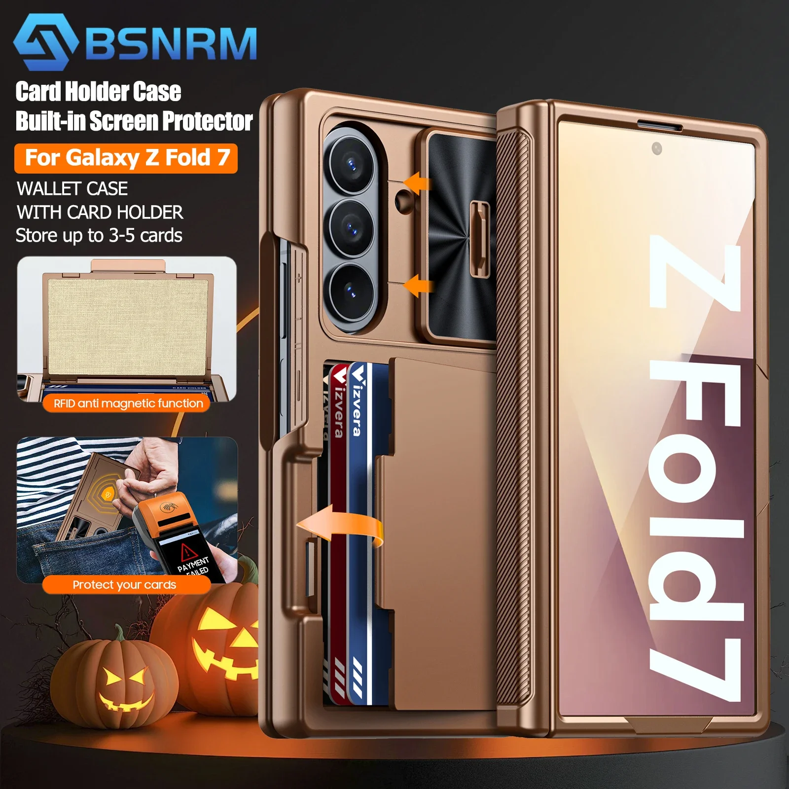 

Подарки на Хэллоуин, с держателем для карт, защитой HD, защита шарниров, чехол для камеры с раздвижным механизмом, прочный чехол для Galaxy Z Fold 7-золотой