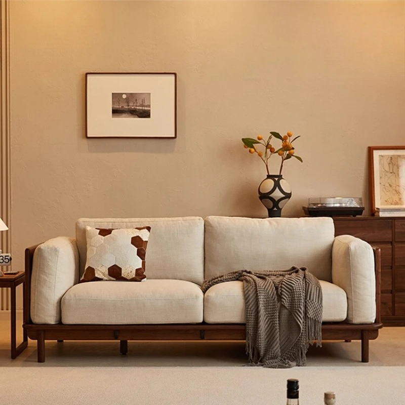 

North American black walnut sofa French retro solid wood three-person living room medieval sofa removable and washable fabric 2.