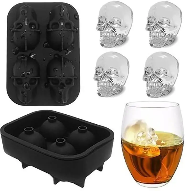3D Stereo Silicone Ice Tray 4 Grid Head Silicone Ices Cube Mold Popsicle Sticks Iceing Cream Candy Stick Personality Skull Mould