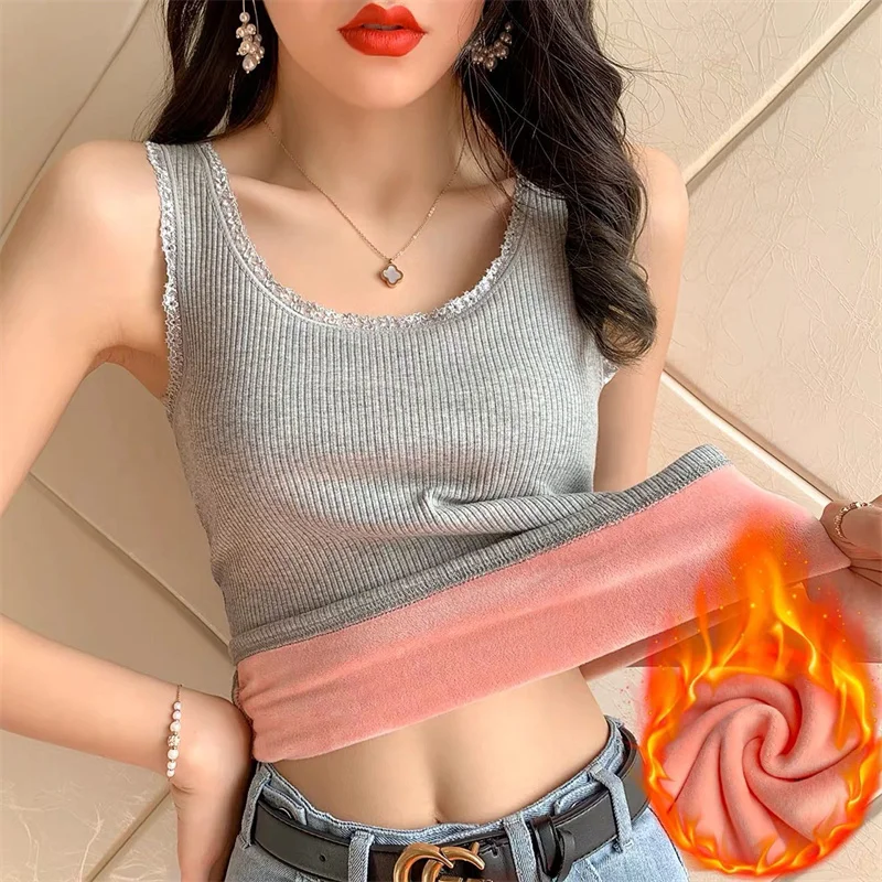 

Plush Thicken Fluff Women Tanks & Camis Autumn Winter Warm Solid Color Tops Tees Clothing Comes with a Chest Pad B3200