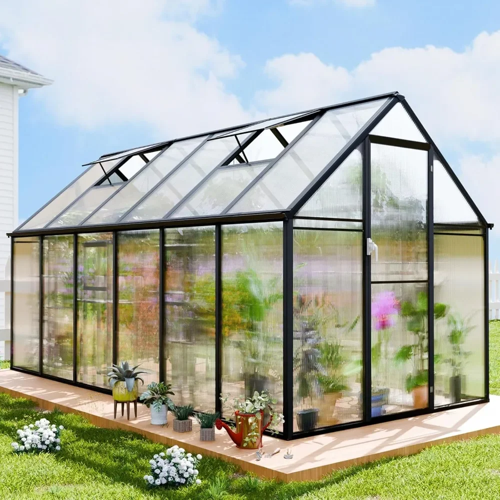 Greenhouse 6x12 FT Kit, Upgraded Heavy Duty Aluminum Greenhouse Quick Setup Structure, Rain Gutter and Vents, Green House