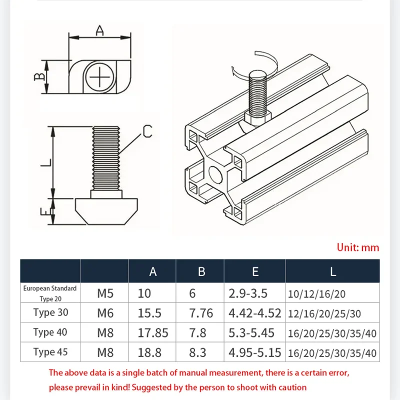 M5 M6 M8 Eu Standard 20 30 40 45 Series T Shaped Hammer Bolt Aluminum profile accessories T Shaped Bolt Nut + Flange Nut