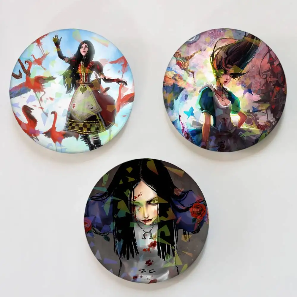 Game A-Alice Madness Returns Laser Button Pins Backpack Clothing Decor Brooch Fiction Badge Jewelry Gifts