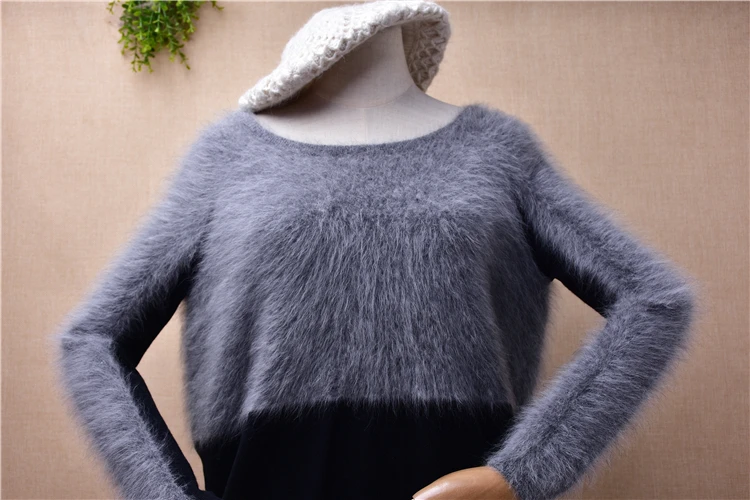 female women fashion grey fall winter hairy mink cashmere knitted o-neck loose pullover angora fur jumper Patchwork sweater pull