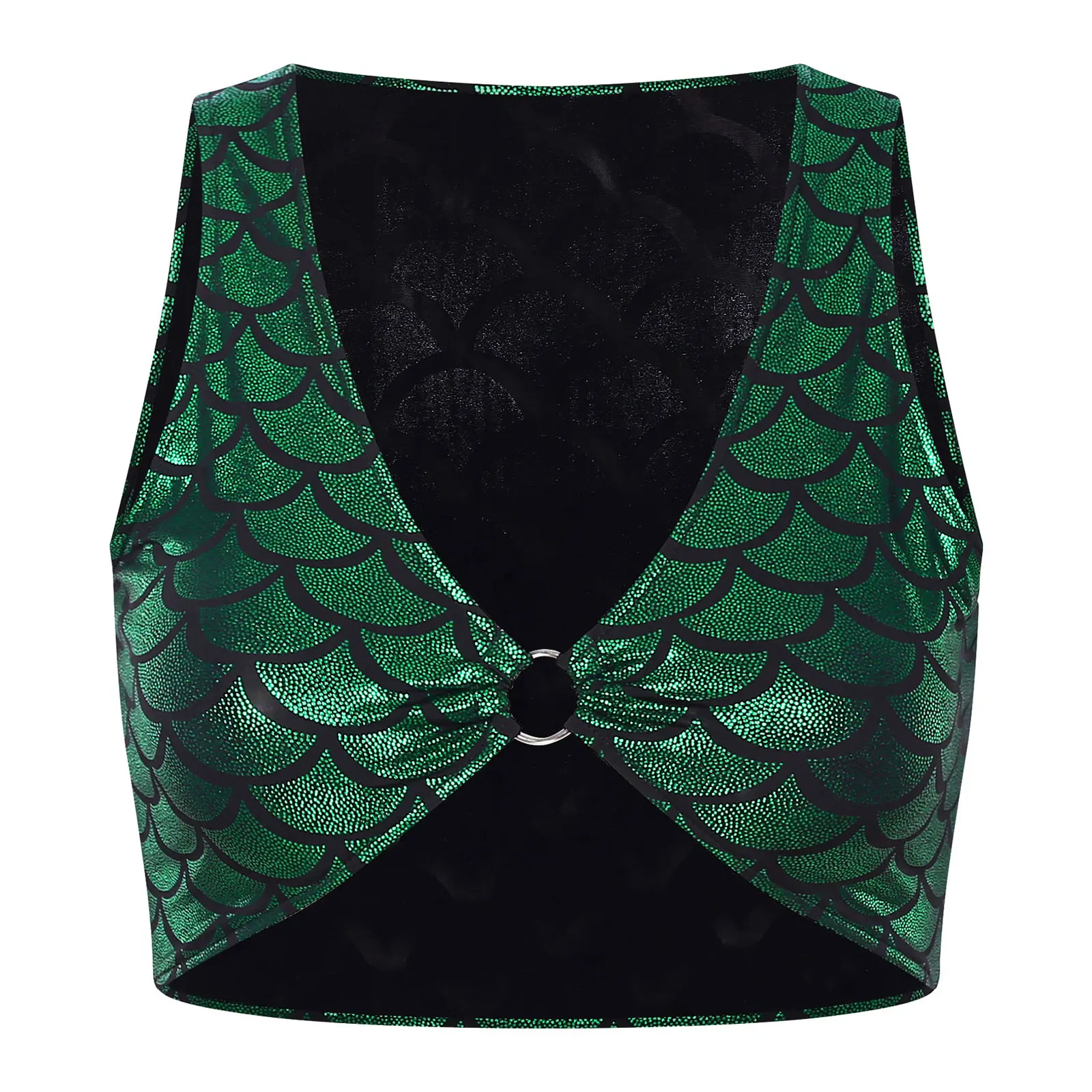 Top corto in metallo con stampa a squame da donna Costume Cosplay a sirena con scollo a V senza maniche O-Ring Crop canotta Rave Party Clubwear Top