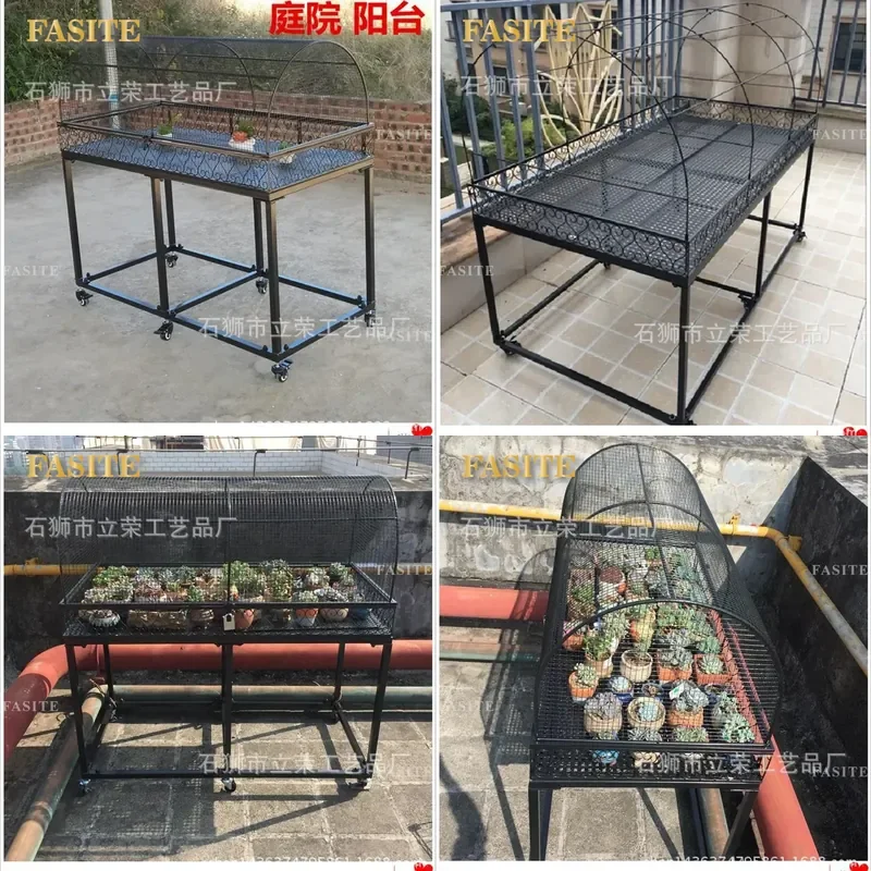 For Balcony Wrought Iron Succulent Flower Stand Multi Layer Pastoral Plant Pot Rack with Wheels Indoor Outdoor Bird Sun
