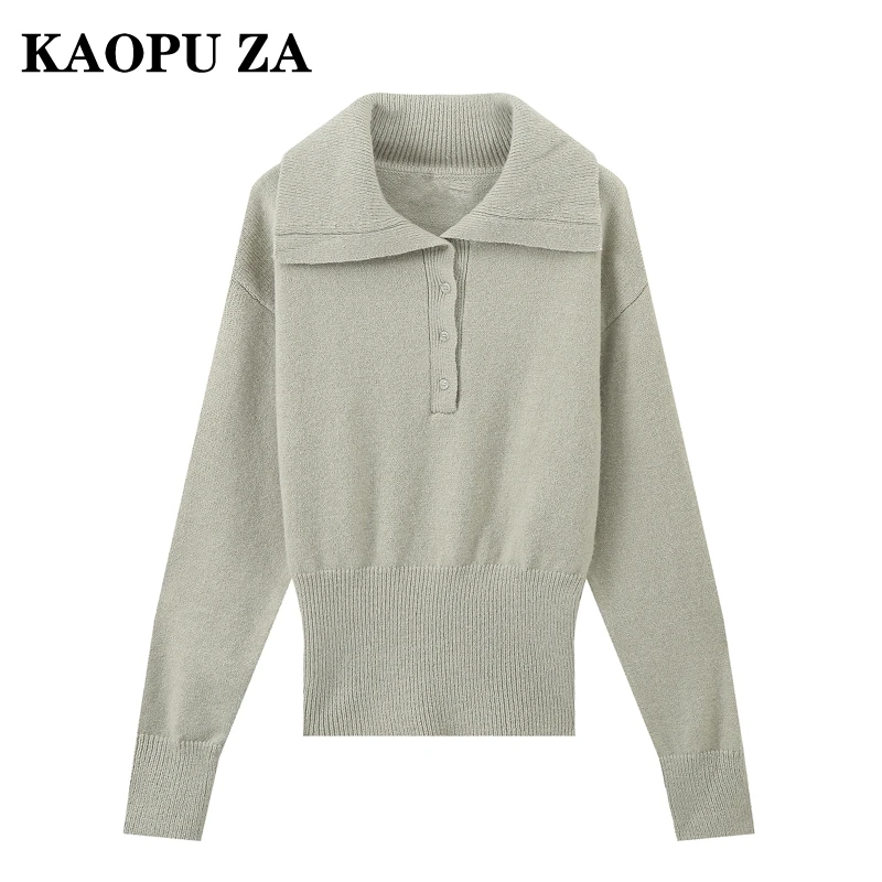 

KAOPU ZA Woman's 2024 New Autumn Fashion Long Sleeve Button Solid Color Sweater Top Female Casual Knit Turn-down Collar Jumper