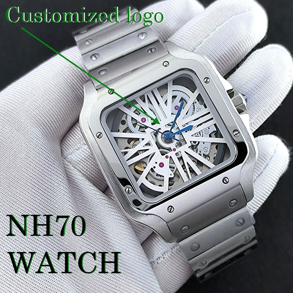 NH70 Watch Square Hollowed Out Dial Automatic Mechanical Men's Watch Customized Folding Buckle Square Case Fit NH70 Movement