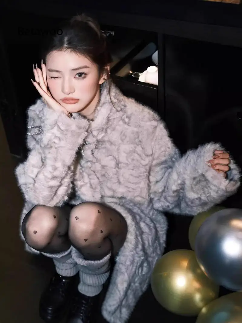 Winter warm faux fur overcoat for women stand collar gradient tip design fluffy outerwear stylish girl style versatile coat