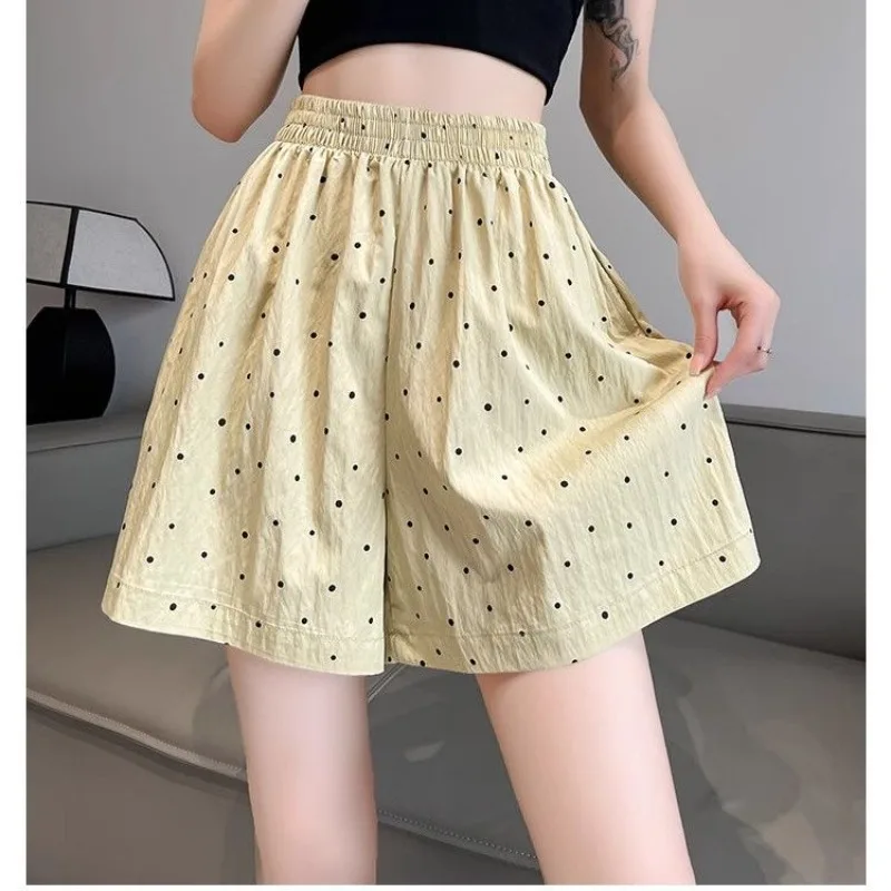 Korean Printed Dot Casual Shorts Women Hot Pants Elastic Waist Loose Wide-leg Pockets Shorts Holiday Soft Cool Streetwear Shorts