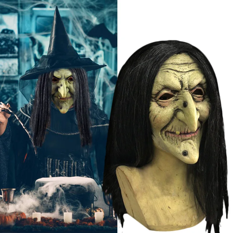 

2025 Old Man Mask Hood Halloween Fool's Costume Party Granny Face Wig Witch Mask