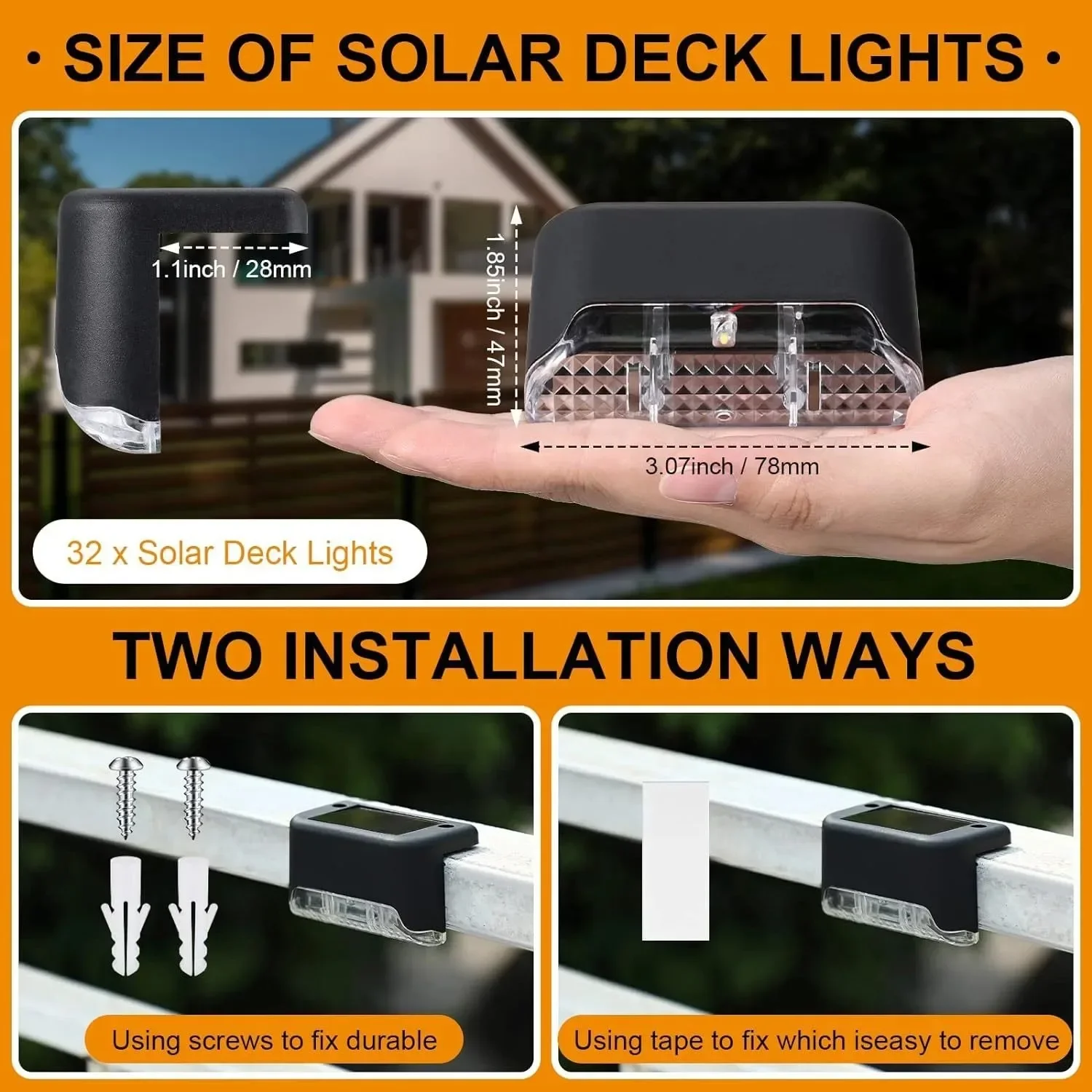 8PCS Solar Deck Lights Outdoor Waterproof LED Warm Fence Lights Step Garden Decorate Lamp for Patio Stairs Railing Pathway