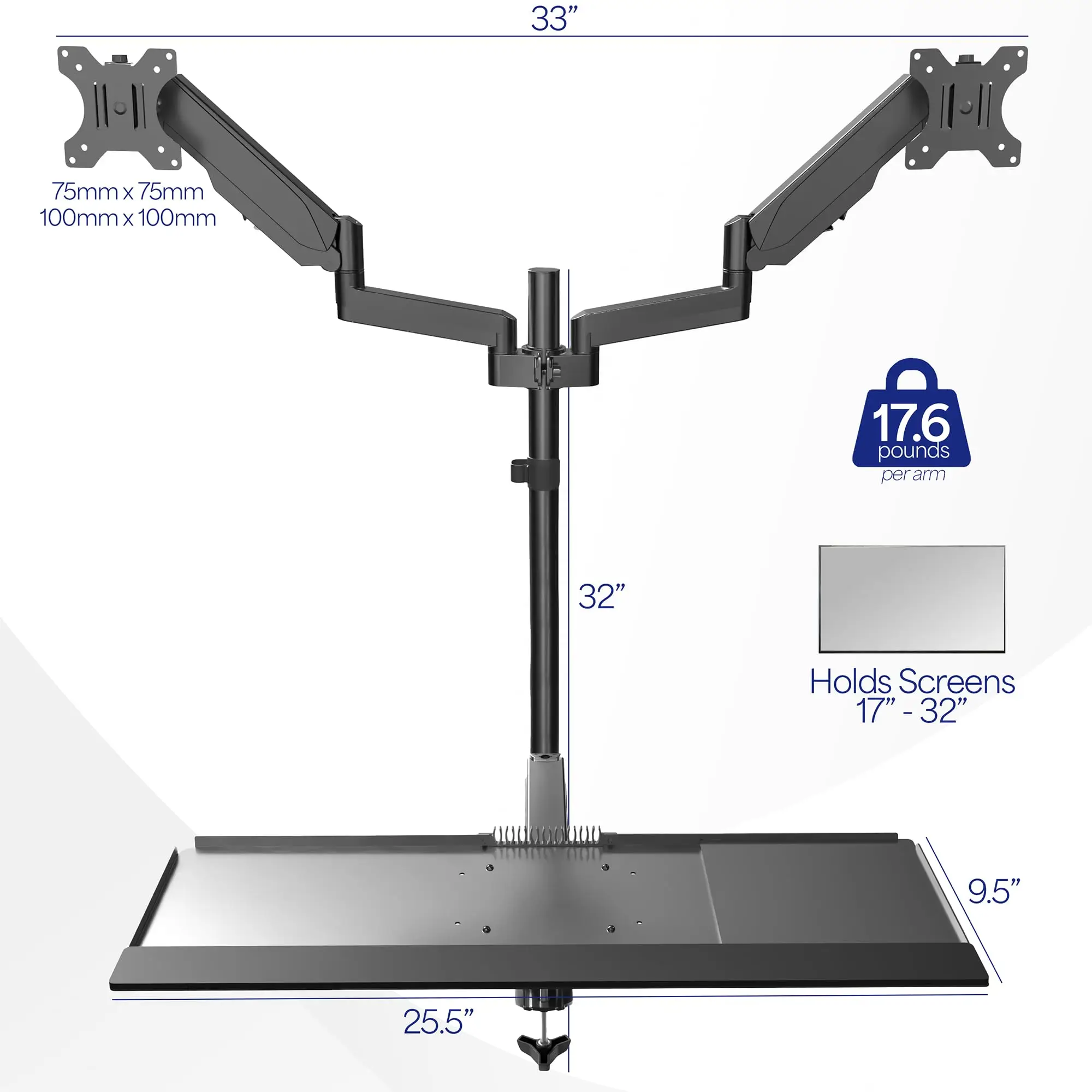 Black Dual Monitor Sit-Stand Height Adjustable Workstation, Standing Desk Mount with Pneumatic Spring, Holds 2 Screens