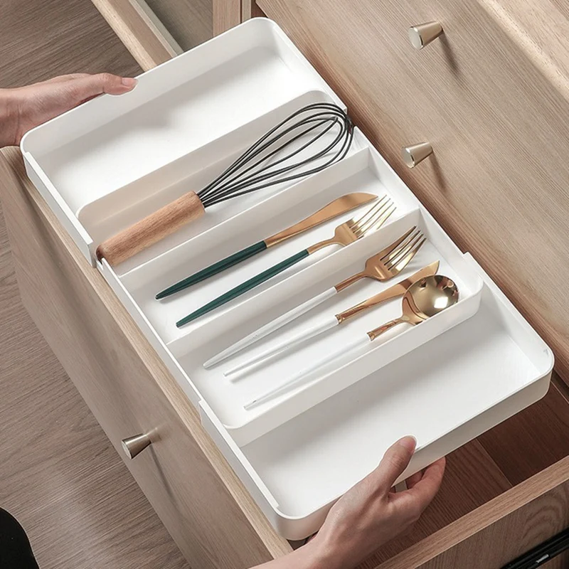 【HOT】Kitchen Drawer Tableware Organization Frame Adjustable Cooking Tableware Tray Plastic Tableware Chopsticks Rack