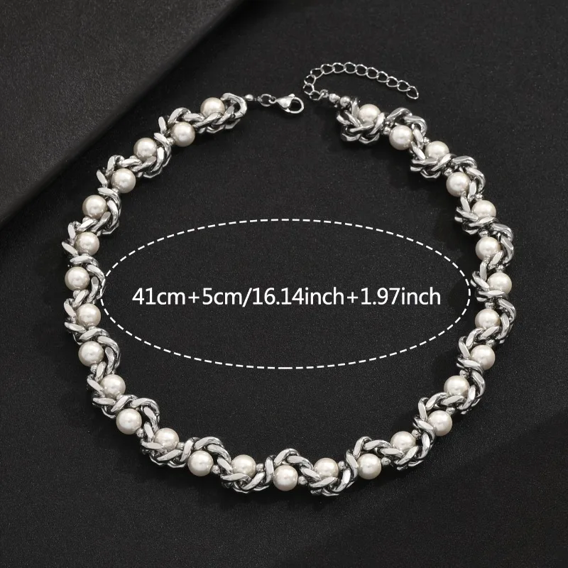 1Pc Stylish Hip Hop Men'S Necklace - Stainless Steel Chunky Chain With Imitation Pearls, Snake Design, Perfect For Music Festiva