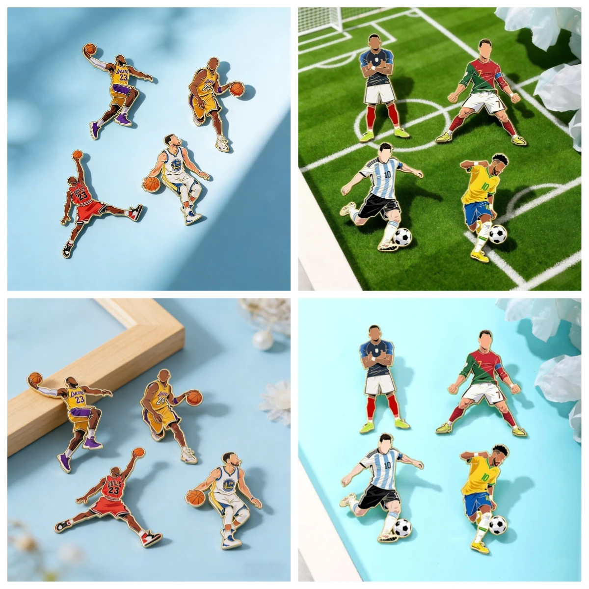 Hot 4pcs Basketball star/Football Star Character Enamel Brooch Lapel Pin Player Soccer Sport Metal Badge Jewelry Accessory Gifts