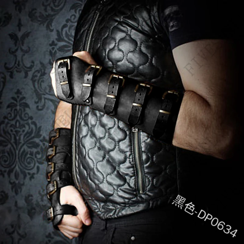 Medieval Steampunk Viking PU Leather Bracers Retro Strap Buckle Adjustable Leather Gloves Vambraces Cosplay Bracelet Costume