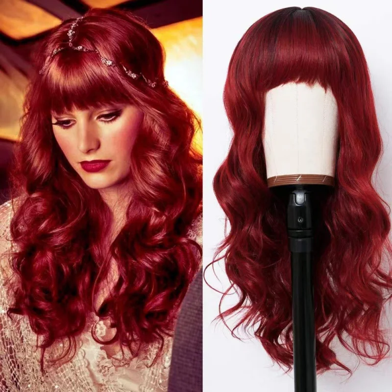 

European and American Style Women's Wig with Bangs, Long Curly Hair, Big Waves, Wine Red Synthetic Wig