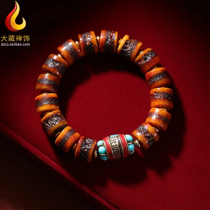 Tibetan Ox Bone Ornament Gabala Crafts Ethnic Style Distressed Men's and Women's Colorful Beads Mantra Text Bracelet