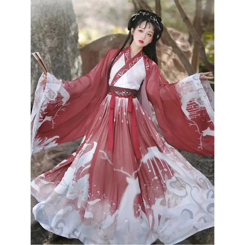 3Pcs/1set  Hanfu Women Chinese Traditional Stage Dance Dress Female Fairy Cosplay Costume Hanfu Blue Red For Women