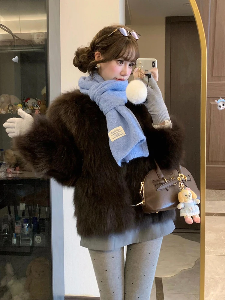 

Eco-Friendly Fur Coat Women's Thiened Casual Sle ort Length V-Ne ket Detail Polyester Inner Liner