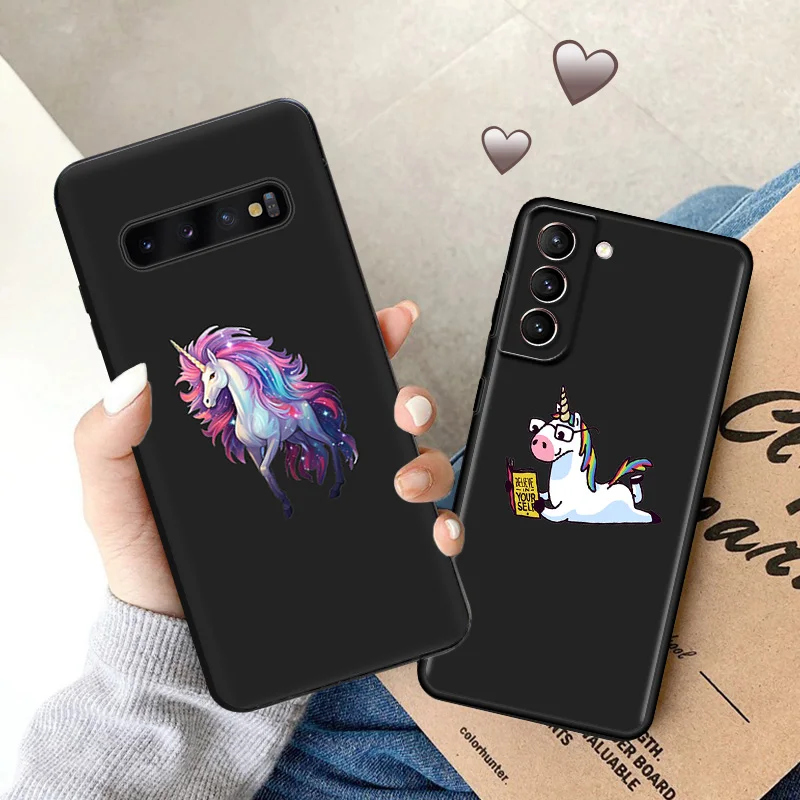 Soft Case for Samsung Galaxy S24 Plus S23 S22 S21 Ultra S20 fe S10 5G S10e Lite Cute Unicorn Cartoon Black Phone Cases Cover