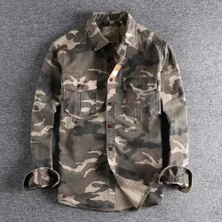 Men Cargo Military Shirts Blue Camouflage Cotton Washed Streetwear High Quality Work Safari Style Male Long Sleeve Shirt Jacket