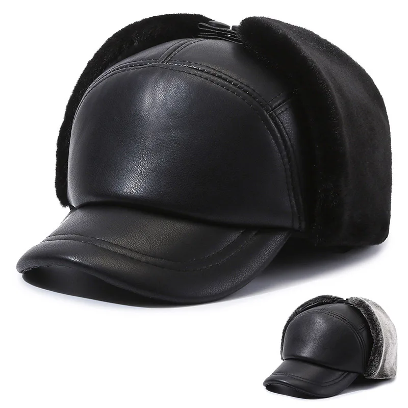 

Men Outdoor Thicken Warm Leather Baseball Hat Winter Casual Fleece-lined Ear Protection Dad Cap Old Man's Coldproof Duckbill Cap