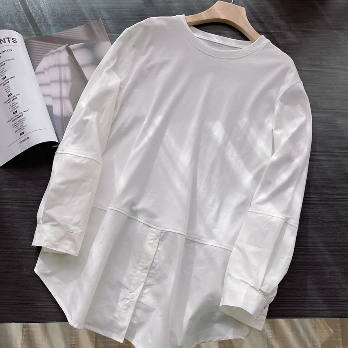

Simple Long Sve round Ne T-irt Base Layer Splicing Women's plus Size Spring Autumn New Sle Commute Faion irt
