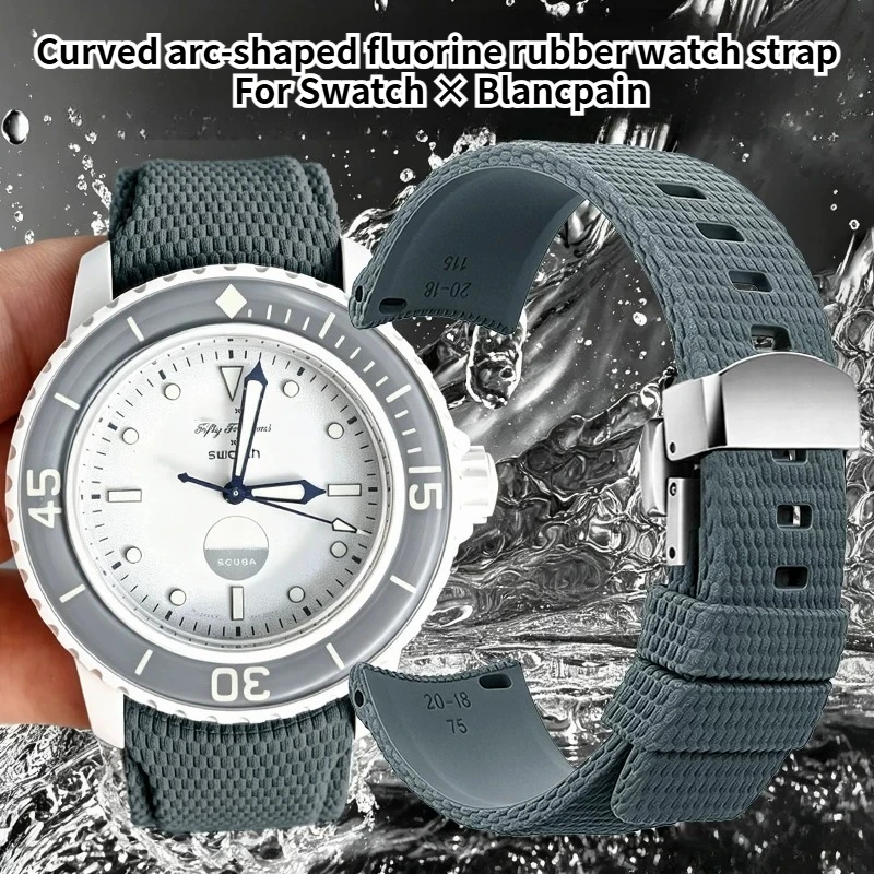 Curved arc-shaped fluorine rubber watch strap for original Swatch × Blancpain FIFTY FATHOMS ANTARCTIC OCEAN SO35S1OO watchband
