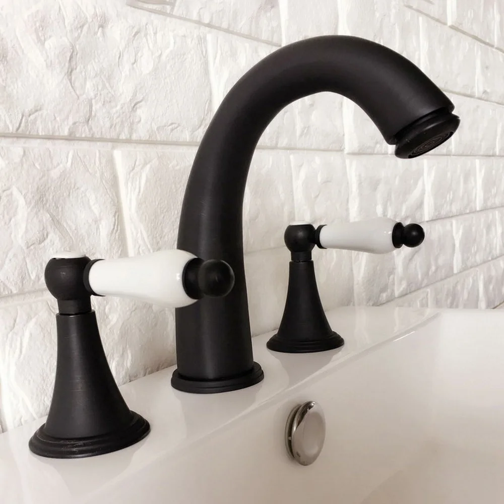 

Black Oil Rubbed Brass Two Ceramic Levers Deck Mounted 3 Holes Bathroom Basin Faucet Widespread Vanity Sink Mixer Tap ahg057
