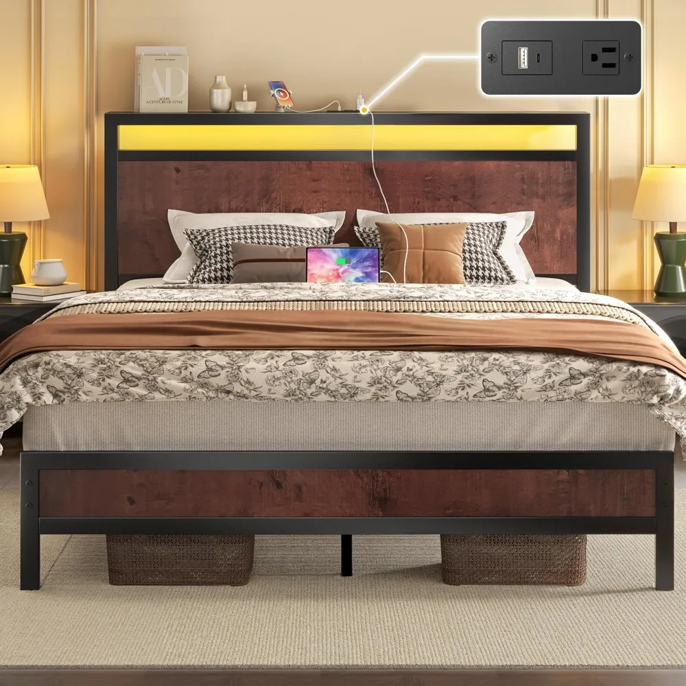 

Queen Bed Frame with Headboard & Footboard, Bed Frame with Built-in Charging Station & LED Light, Storage Shelf, Noise-Free,