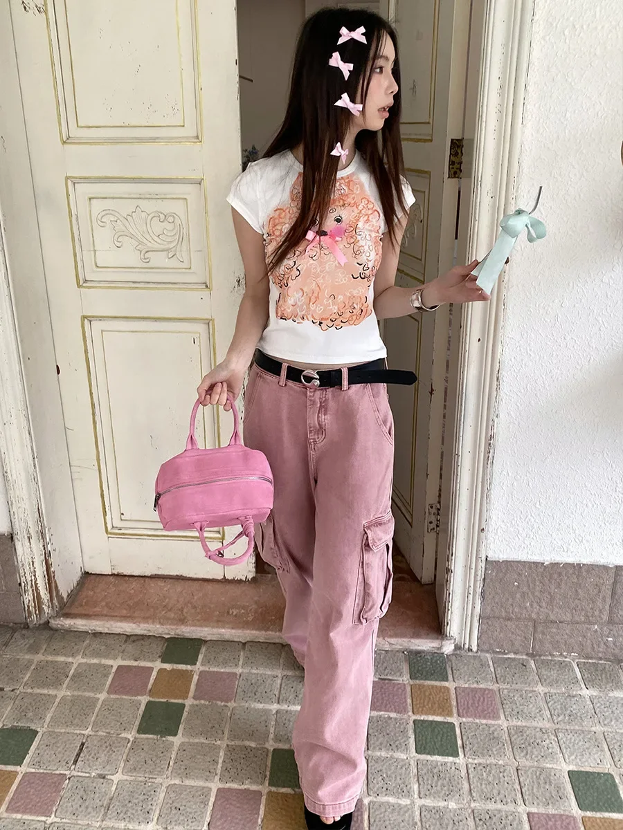 Jean longueur cheville droit coupe ample femmes Cargo pantalon Vintage solide poches Denim épissé lavé 2025 été haute rue