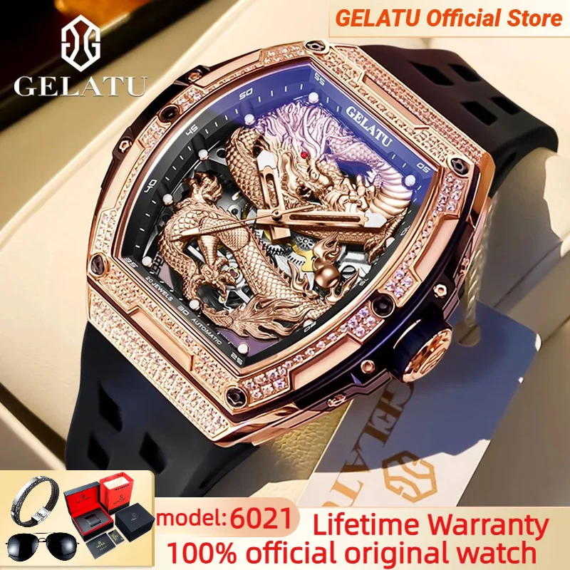 GELATU 6021 ساعة أوتوماتيكية فاخرة للرجال ثلاثية الأبعاد الجوف التنين الياقوت مرآة ضوء الليل مقاوم للماء ساعة اليد الميكانيكية الاتجاه