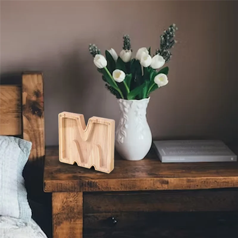 Skarbonka dla dzieci B78B-Letter, drewniana skarbonka z przezroczystą literą, personalizowana dekoracyjna skarbonka na monety, trwała