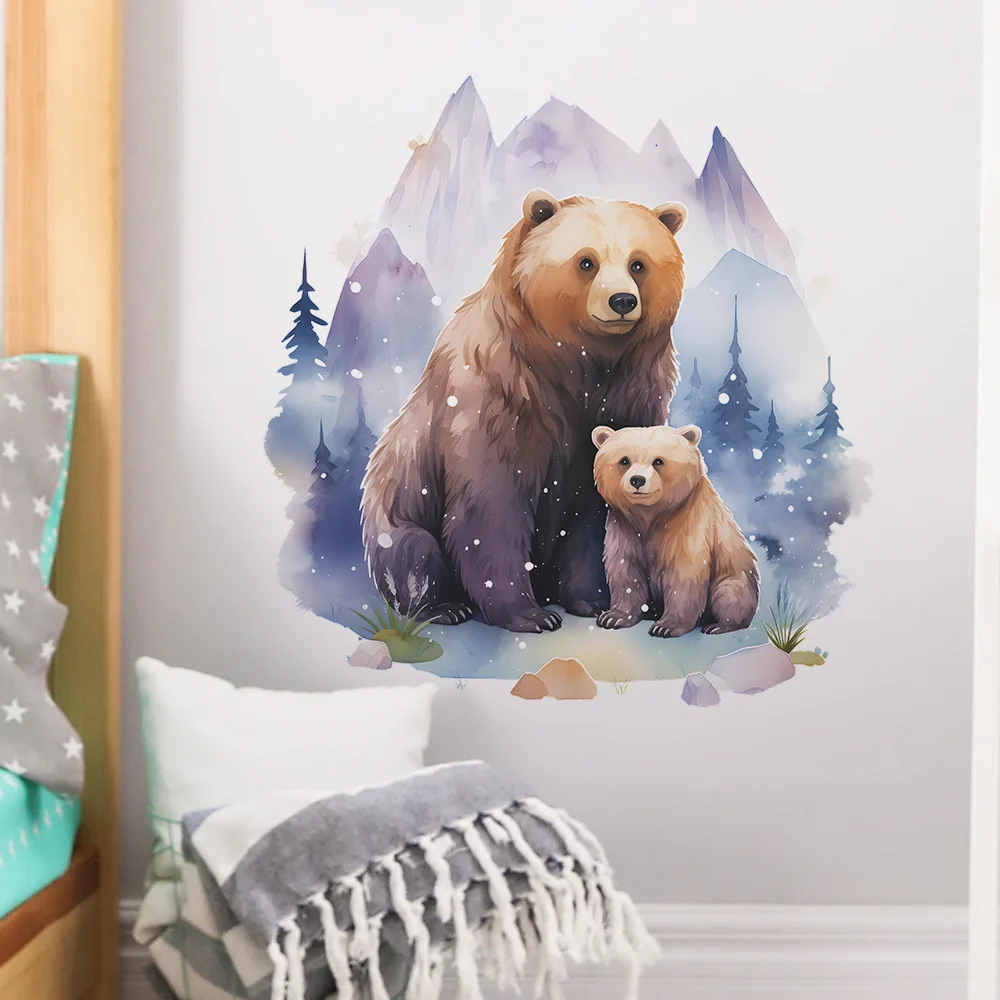 Forest Snow Bear Animals Self-Adhesive Wall Sticker Removable Vinyl Parent-child Bear Mural for Kids Room Boys Room Wall Decor