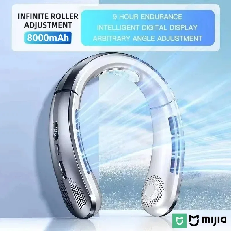 Lenovo Halsventilator, 8000 mAh, tragbar, blattlos, über USB wiederaufladbar, stumm, LED-Digitalanzeige, elektrischer Luftkühler, USB-Handventilator