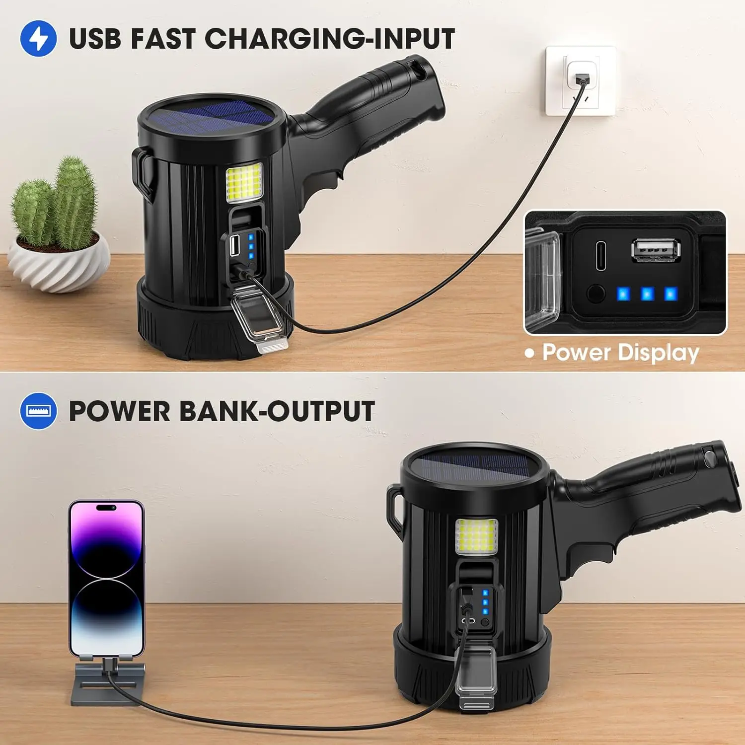 كشاف كشاف قابل لإعادة الشحن، مصباح LED فائق السطوع بقوة 99 قيراط مع لوحة شمسية للتخييم في الهواء الطلق والقوارب