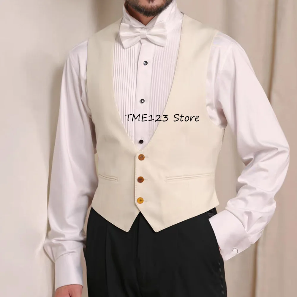 

Men's Vest Straight Pockets Three Buttons Casual Linen Fabric Waistcoat Deep V-neck Formal Elegant Man Vest Fashion Suit Working