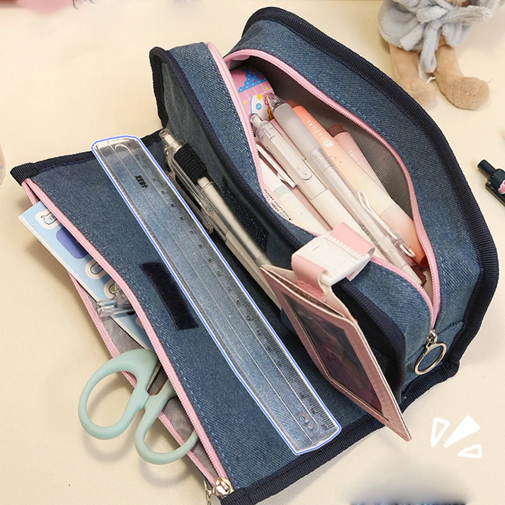 Retro Denim Star Pencil Case Girl Makeup Bag Multi-layer Storage Stationery Pen Pouch with Removable 3-inch Photocard PU Bag