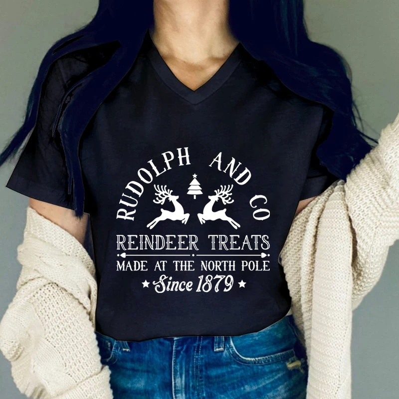 Rudolph and Co Reindeer Treats T Shirt Women Funny Christmas V Neck T-shirts Short Sleeve Casual Xmas Party Women Graphic Tshirt