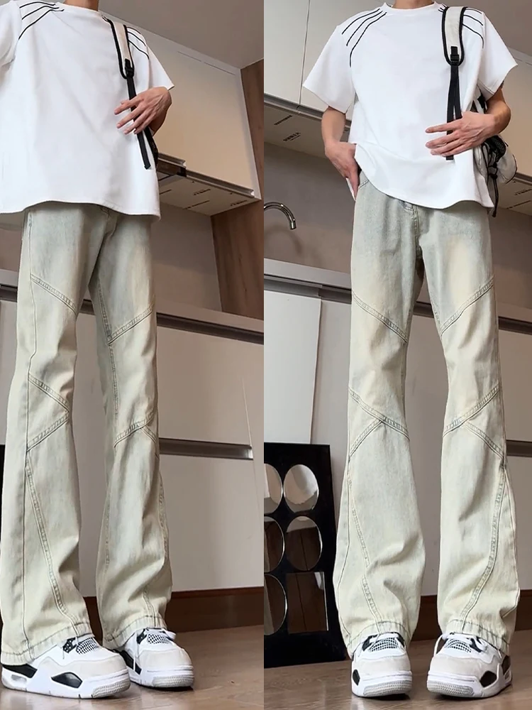 

Летние тонкие мужские джинсы в американском стиле, цвет желтый кирпичный, удлиненная модель, расклешенные повседневные брюки, прямой крой, средняя посадка