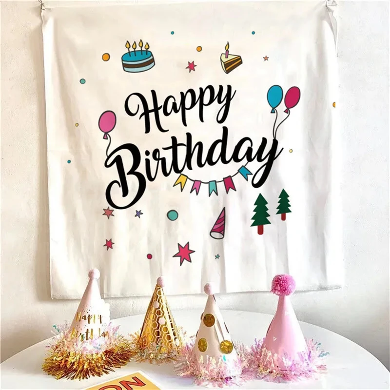 VIKAMA Happy Birthday Tapestry Colorful Doodle Crown Heart Rainbow Party Background Wall Hanging Decor