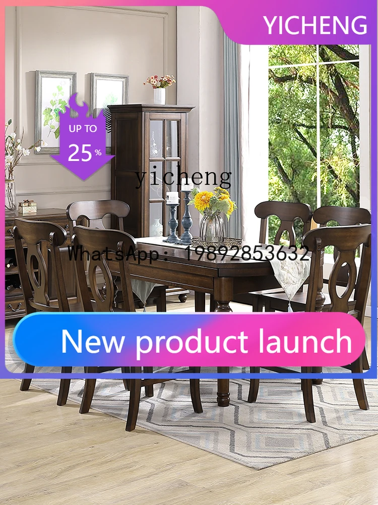 

Solid Wood Dining Table Rectangular Retractable Folding round Dining Table and Chair Black Walnut Color