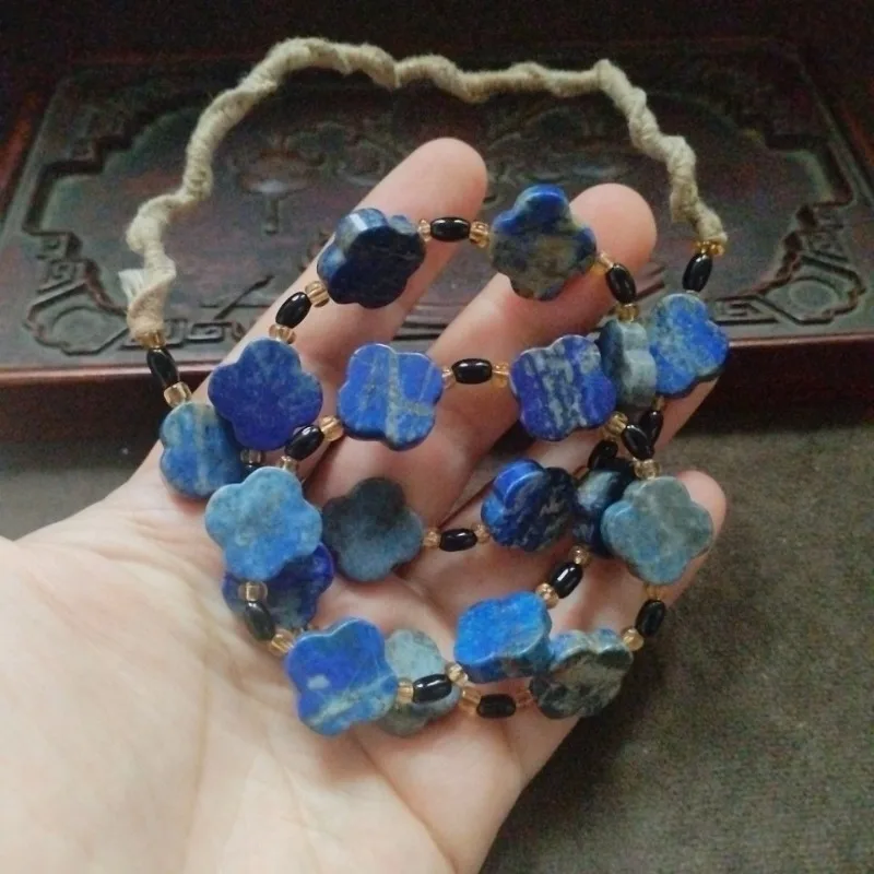 Vintage Lapis Lazuli Clover Bead Necklace, Four-Leaf Flower Blue Stone Beads Ethnic Handmade Hemp Rope Necklace