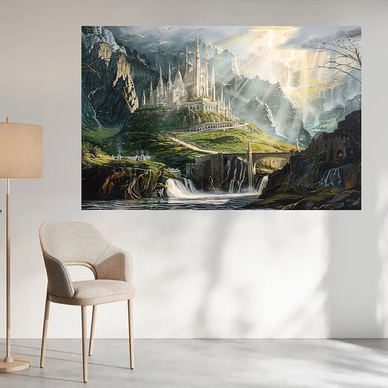 1PC Fantasy Castle Mountain Art Print Backdrop Banner, Bedroom Living Room Photo Background, Polyester, Home Decor, Wall Art